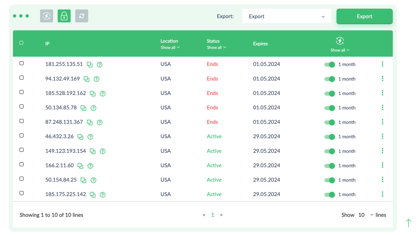 proxy-seller dashboard with IPv4 proxies