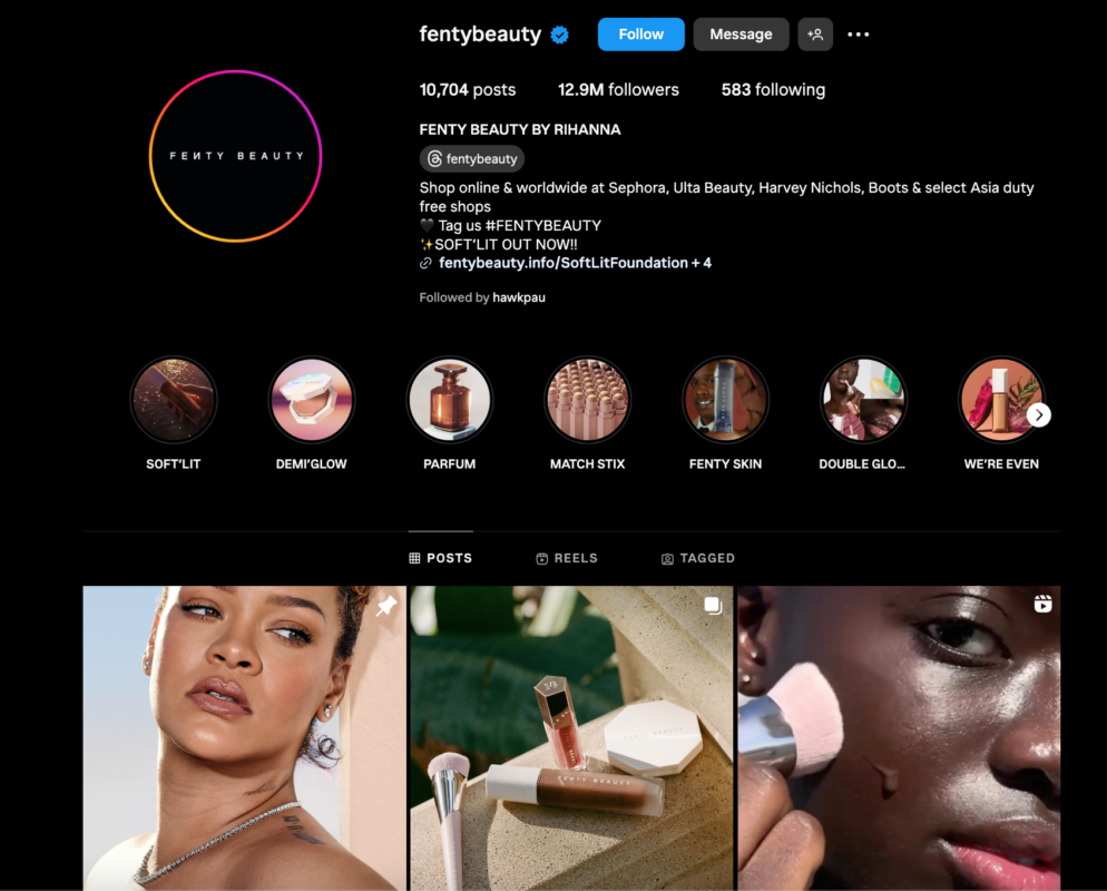 fentybeauty instagram account screenshot