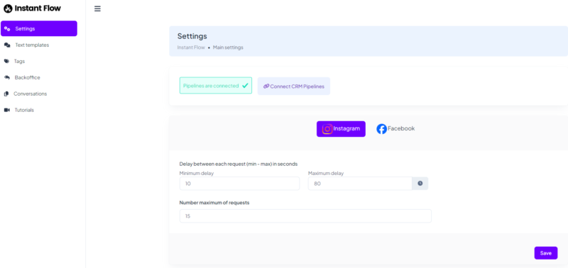 Instant flow settings interface