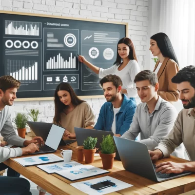 A team of marketing professionals working on laptops, discussing email marketing strategies, and analyzing data charts on a whiteboard in a modern office.