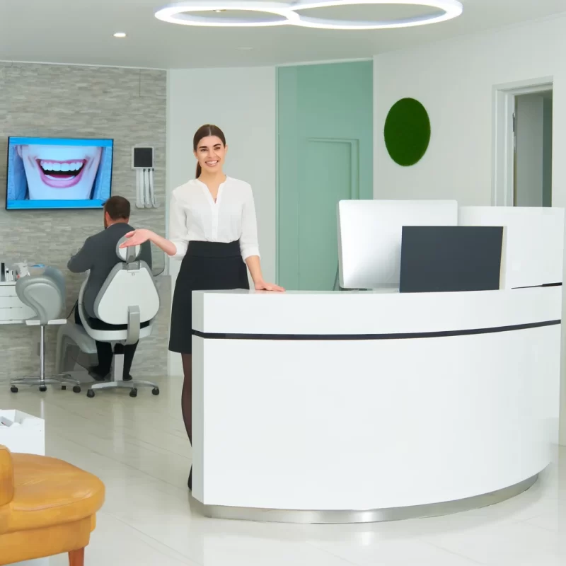 dentist office reception area with receptionist