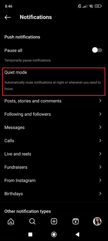 Settings notifications Instagram on the app