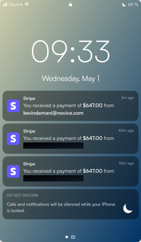 stripe screenshot of our student that has made over 3k in one day